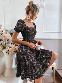 Chiquease 碎花泡泡袖荷葉邊洋裝 - 黑色 - 查看 6