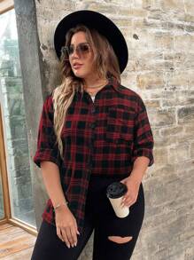 SHEIN LUNE Plus Plaid Print Drop Shoulder Blouse - Multicolor - View 1