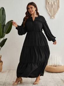 SHEIN VCAY Hơn Tay áo lồng đèn Nhiều lớp Xù Hoa Sen Đầm - màu đen - Xem 5