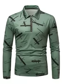 Manfinity Nam In Hình học Khóa kéo nửa mở Áo polo - màu xanh lá - Xem 3