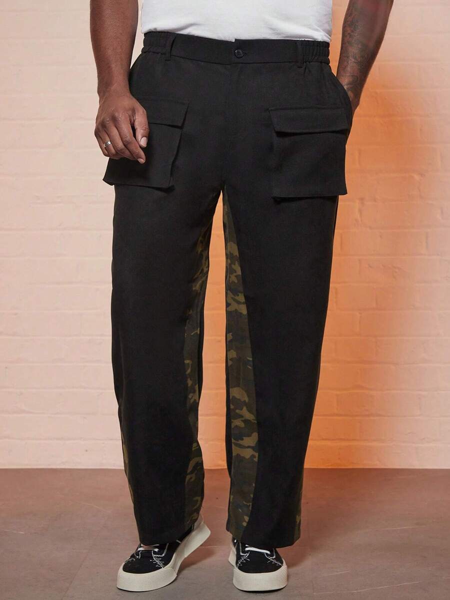 Manfinity Homme Men Plus Camo Print Flap Pocket Cargo Pants - Black - View 1