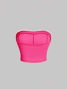 SHEIN MOD Rhinestone Heart Ring Detail Contrast Binding Tube Top - Hot Pink - View 2