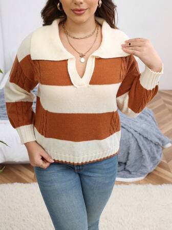 SHEIN CURVE+ Plus Two Tone Cable Knit Drop Shoulder Sweater Knit Pullover Fall Winter Outfit