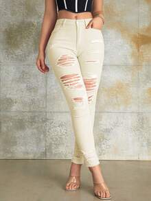 Street Vibes90年代高腰破洞緊身褲 - 米色 - 查看 4