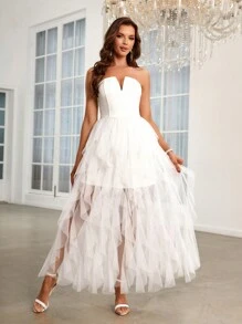 SHEIN Belle Layered Mesh Ruffle Trim Tube Wedding Dress - White - View 3