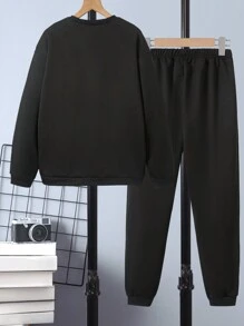 SHEIN Tween Boy Slogan Graphic Pullover & Sweatpants & Bag - Black - View 2