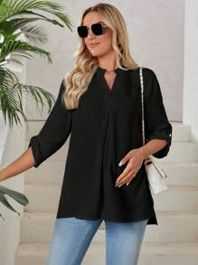 SHEIN Maternity Notched Neckline High Low Hem Blouse - Black - View 4