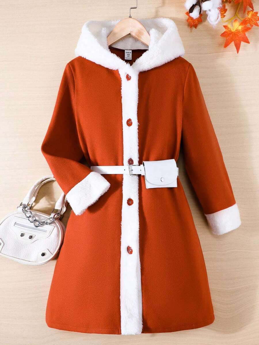 SHEIN Tween Girl Contrast Trim Hooded Overcoat With Belt Bag - Red - View 1