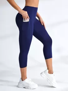 Yoga Basic 運動打底褲高彈力收復活躍緊身打底褲帶側邊口袋 - 藏蓝色 - 查看 1