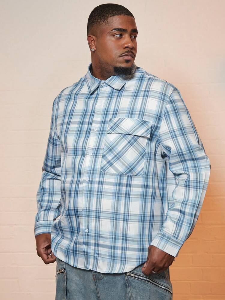 Men Plus Plaid Print Flap Pocket Shirt