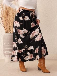 SHEIN VCAY Talla grande Falda con estampado floral bajo con fruncido - Multicolor - Ver 5