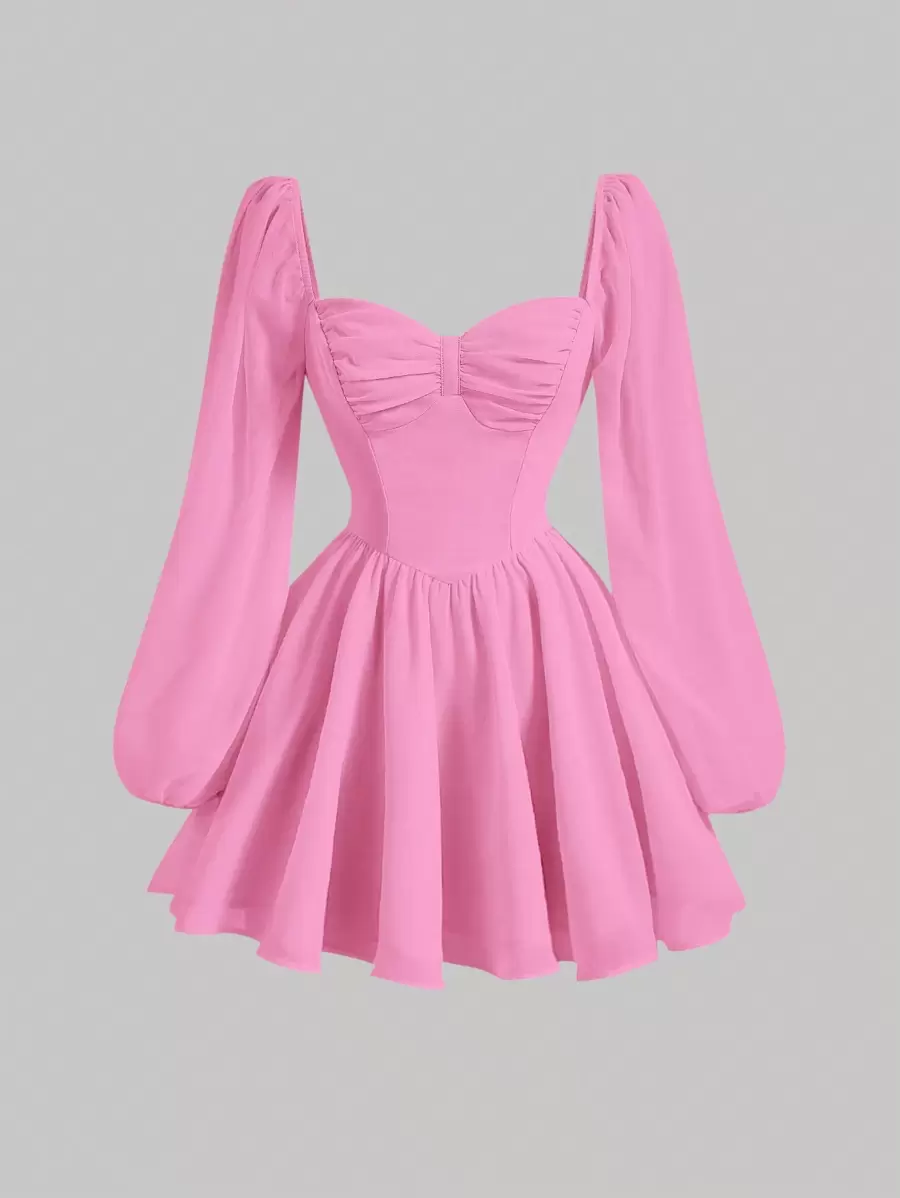 SHEIN MOD Sweetheart Neck Lantern Sleeve Ruched Bust Flare Hem Date Night Pink Dress - Hot Pink - View 1