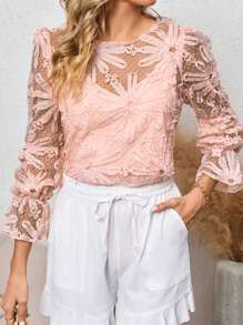 Dobby Mesh Flare Sleeve Blouse - Baby Pink - View 1