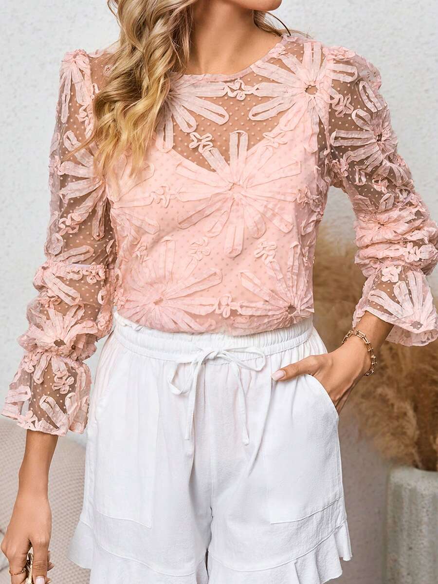 Dobby Mesh Flare Sleeve Blouse - Baby Pink - View 1