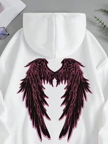 SHEIN EZwear Plus Size Wings Print Drawstring Thermal Lined Sweatshirt - White - View 5