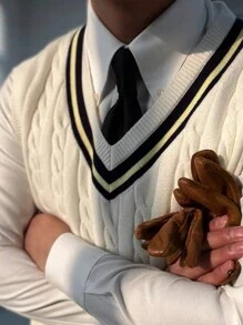 男士撞色滚边麻花针织毛衣网球背心（不含衬衫），秋冬款 - 白色 - 查看 4