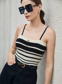 BizChic Women's Slim Fit Stretchy Striped Button-Down Knitted Tank Top - Black and White - View 6