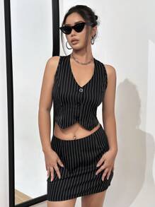 SHEIN Unity Striped Print Button Front Vest Coat & Skirt - Black - View 1