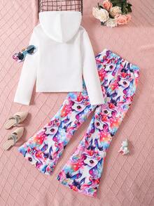 SHEIN 女大童獨角獸印花連帽T恤&喇叭褲 - 彩色 - 查看 2