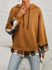 SHEIN LUNE 格紋印花落肩袖抽繩連帽衫 - 棕色 - 查看 3