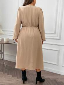 Flirla Plus Lantern Sleeve Knot Front Dress - Apricot - View 2