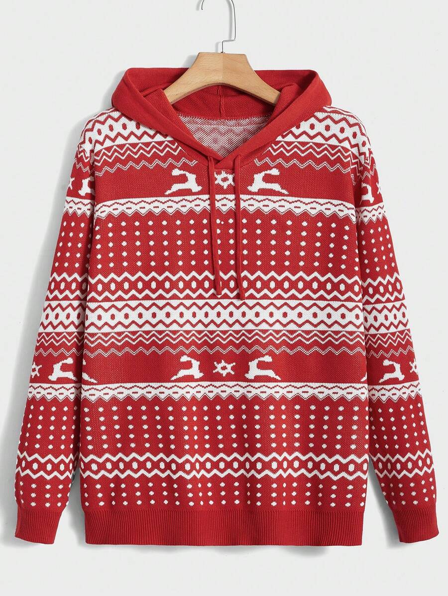 Manfinity RebelGame 男士聖誕麋鹿&幾何圖案抽繩連帽套頭毛衣 - 紅色 - 查看 1