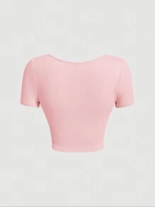 SHEIN MOD Áo thun nữ Gân đan Xù màu trơn Giải trí - Màu Hồng baby - Xem 2