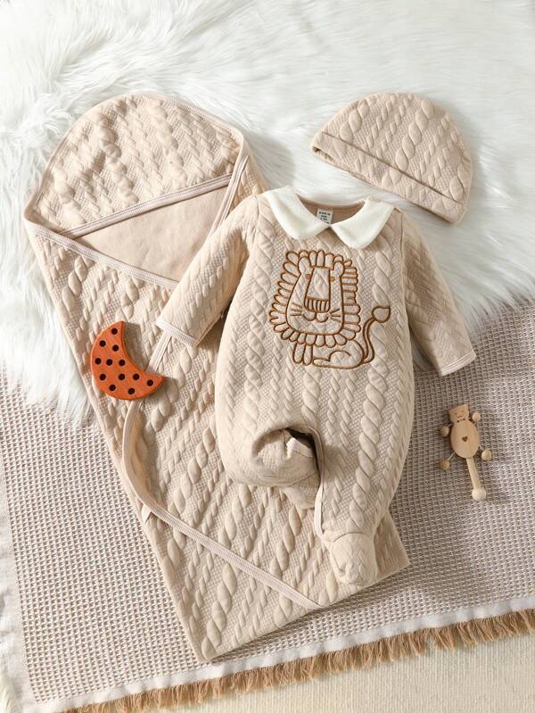 SHEIN Bébé Garçon lion À Broderie À Col Contrastant Combinaison Pyjama & Chapeau & Emmailloter Couverture