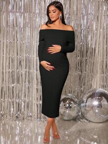 SHEIN Maternidad Vestido ajustado de hombros descubiertos doblado delantero - Negro - Ver 1