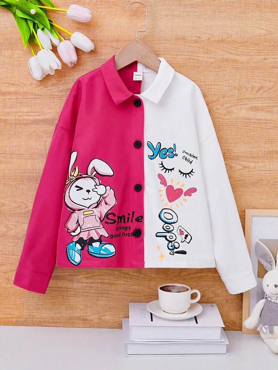 SHEIN Tween Girl Cartoon Graphic Two Tone Drop Shoulder Shirt - Multicolor - View 1