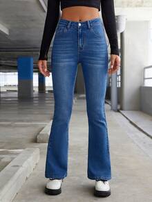 SHEIN ICON Butterfly Print Flare Leg Jeans - Medium Wash - View 2