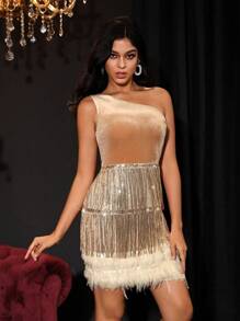 Zolique One Shoulder Fringe Trim Sequin Bodycon Dress - Champagne - View 3