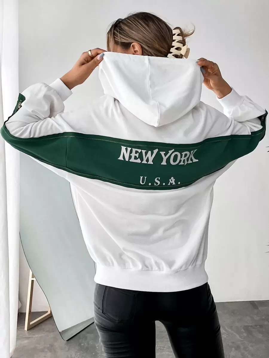 SHEIN Essnce 字母圖案落肩袖抽繩連帽衫 - 白色 - 查看 1