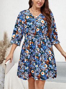 EMERY ROSE 大码花卉印花荷叶边袖荷叶边下摆连衣裙 - 藏蓝色 - 查看 3