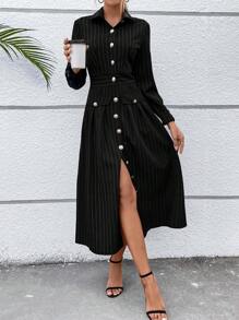 Chiquease 條紋印花翻蓋細節襯衫洋裝 - 黑色 - 查看 2