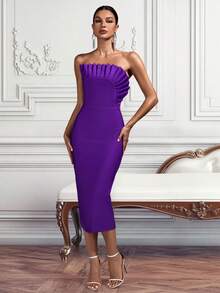 Purple Pleated Strapless Split Bodycon Cocktail Dress - Purple - View 6