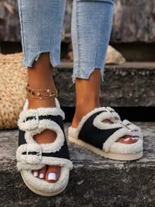 女士毛絨家居拖鞋臥室拖鞋 - 米色 - 查看 1