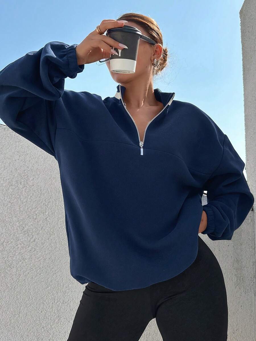 EURMUSE Half Zip Drop Shoulder Sweatshirt - Navy Blue - View 1