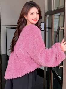 DAZY Solid Drop Shoulder Oversized Fluffy Knit Tee - Pink - View 2