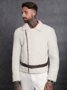Manfinity NXTstreet Loose Fit Men Zip Up Buckle Belted Teddy Jacket - Apricot - View 6