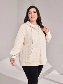 Mulvari 加大码拉链落肩抽绳卫衣 - 米色 - 查看 4