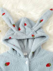 Tween Girl Strawberry Embroidery 3D Ears Design Hooded Flannel Sleep Robe - Blue - View 5