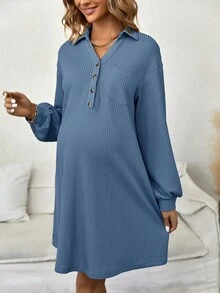 SHEIN 孕婦素色落肩袖哺乳洋裝 - 藍色 - 查看 5