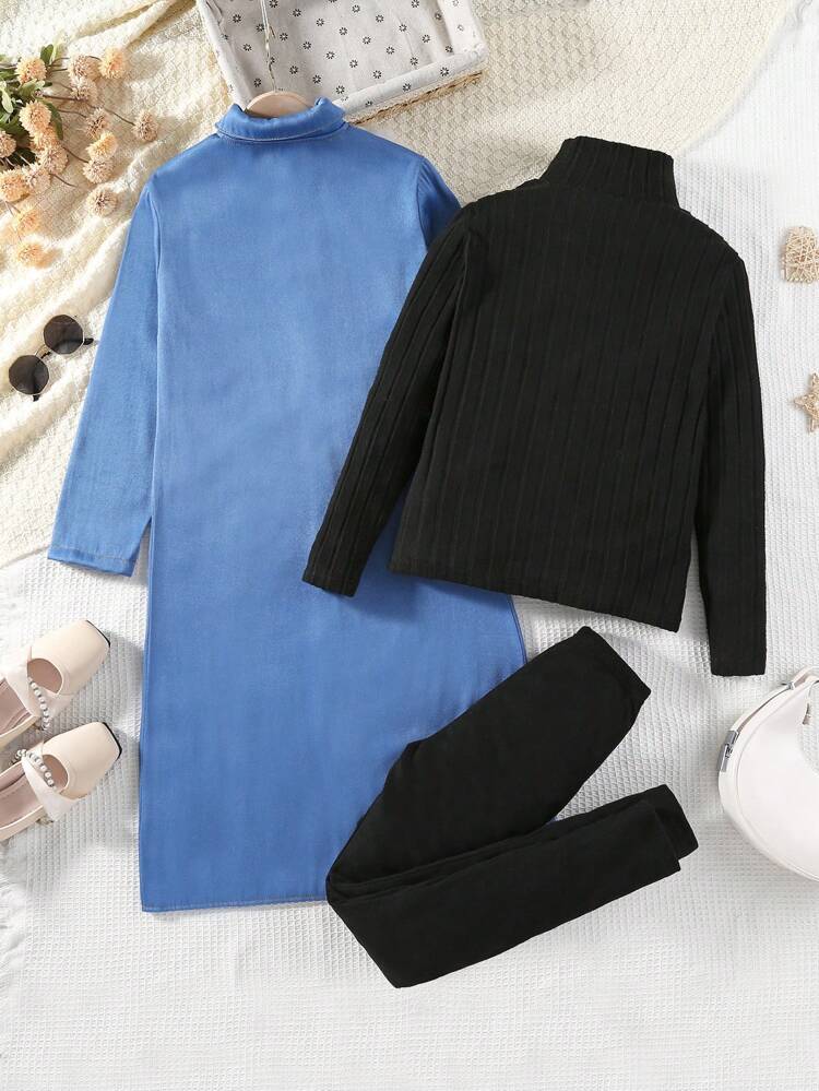 Tween Girl 3pcs/Set Long Coat, Turtleneck Top And Pants, For Autumn