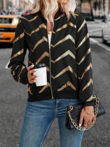 SHEIN LUNE 鋸齒形印花拉鏈開襟飛行員夾克 - 黑色 - 查看 3