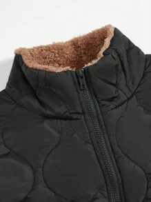 SHEIN EZwear 加大码字母图案落肩拉链泰迪熊衬里绗缝加厚外套 - 黑色 - 查看 4