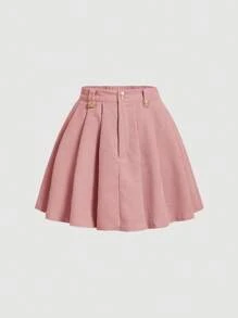 SHEIN MOD 素色燈芯絨百褶半身裙 - 粉色 - 查看 1