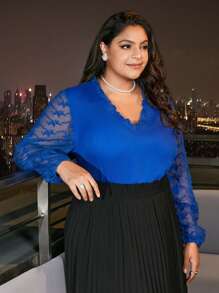 SHEIN Frenchy Plus Contrast Lace Lantern Sleeve Blouse