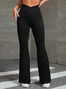 SHEIN Sports Chất rắn Quần ống loe - màu đen - Xem 4