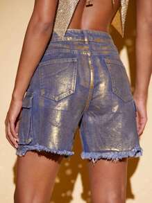 Raw Hem Flap Pocket Denim Shorts - Multicolor - View 2